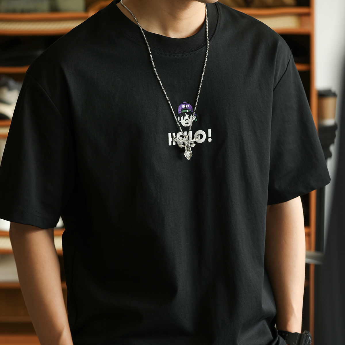 American casual embroidery men's summer artistic youth patch printed T-shirt