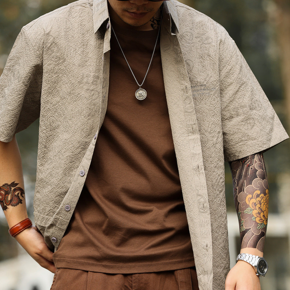 American retro short sleeved shirt men's full printed jacquard layered casual shirt