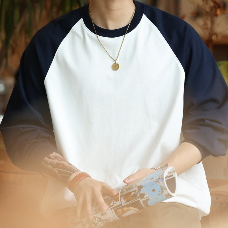 300g pure cotton contrasting shoulder length long sleeved T-shirt, loose base version base shirt