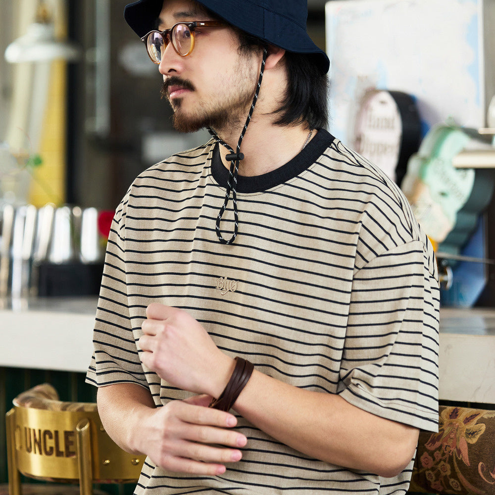 American classic retro striped embroidered men's loose T-shirt