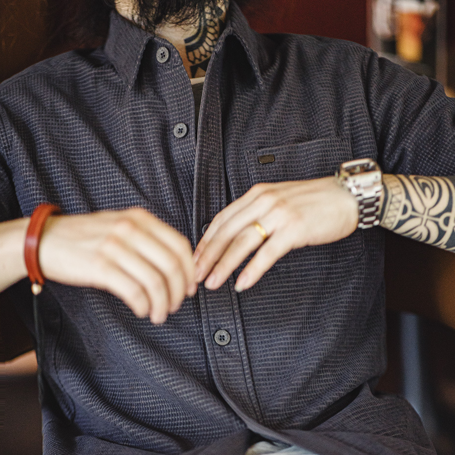 MADEN Retro Corn Plaid Shirt Polo Collar Solid Color Casual Loose Long Sleeve Shirt