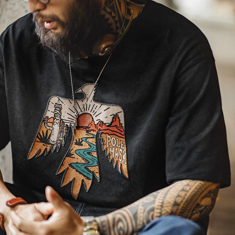 American retro Indian Thunderbird embroidered printed men's T-shirt