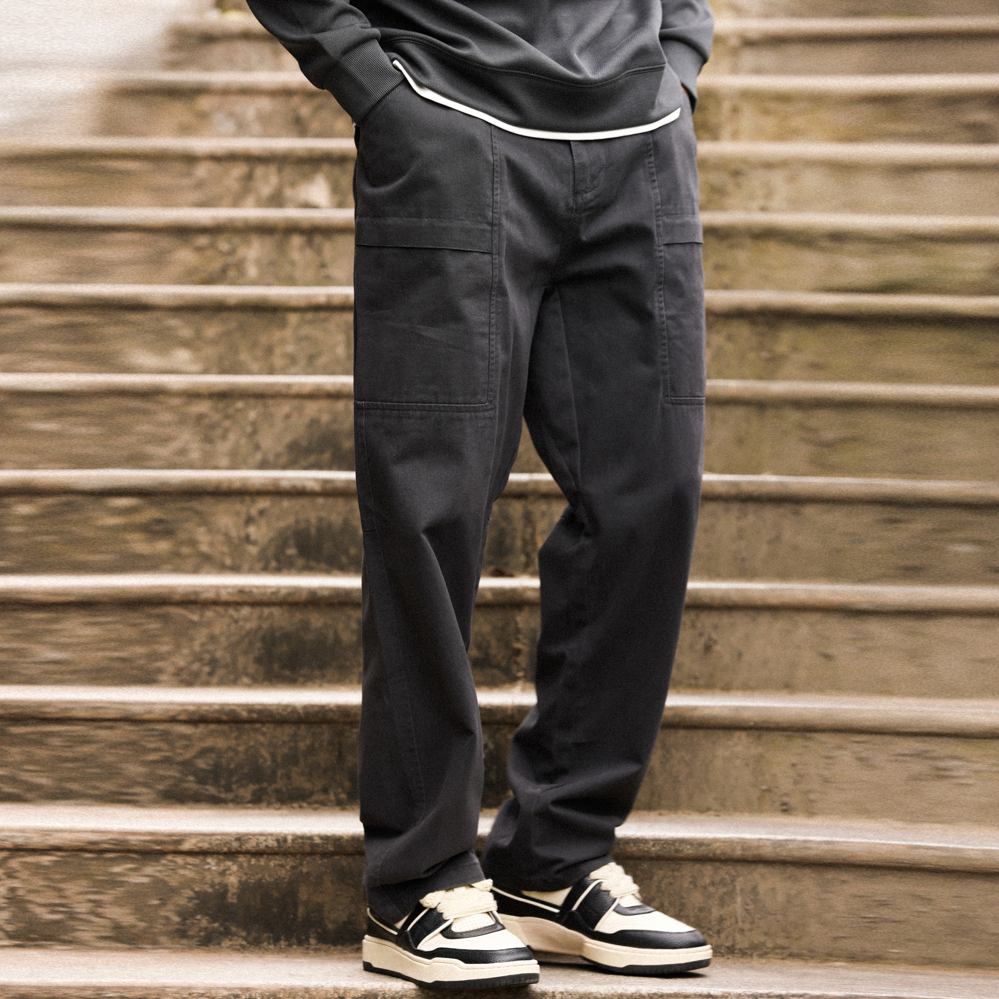 American Retro White Men'S Combed Cotton Elastic Waist Straight Leg Casual Pants