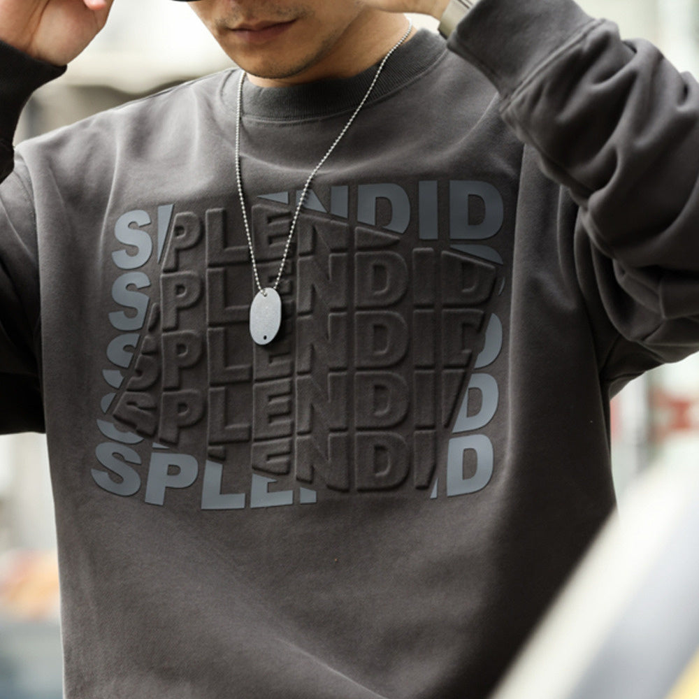 Retro fleece letter printed round neck sweatshirt loose 480g heavyweight long sleeved casual top