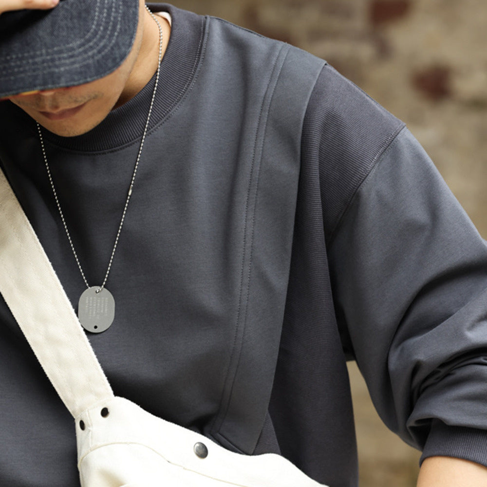 330g round neck long sleeved T-shirt with threaded splicing, loose fitting pullover, dark gray casual hoodie