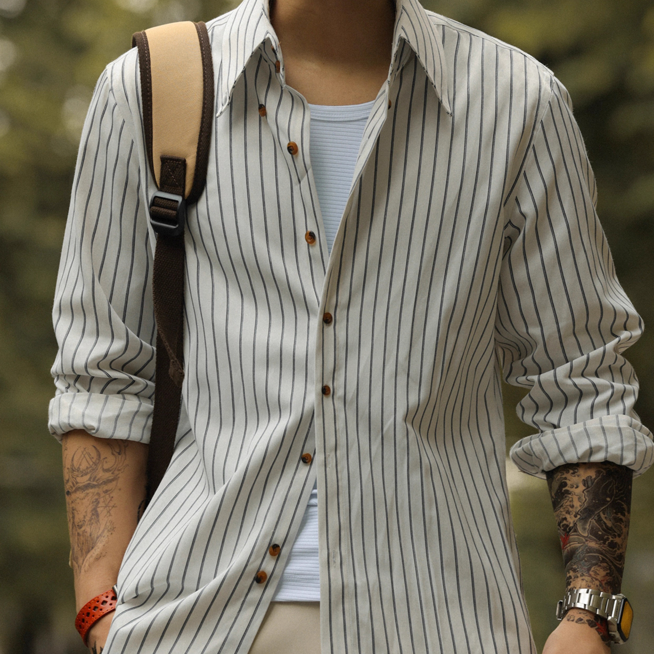 American Retro Thin Coffee Striped Men's  Slim Fit Commuting Casual Shirt