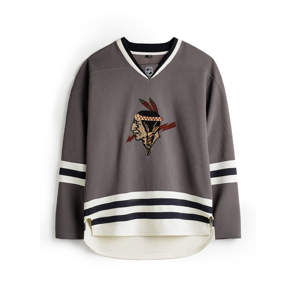 American Retro Indian V-neck Waffle Embroidered Knitted Long Sleeve T-shirt