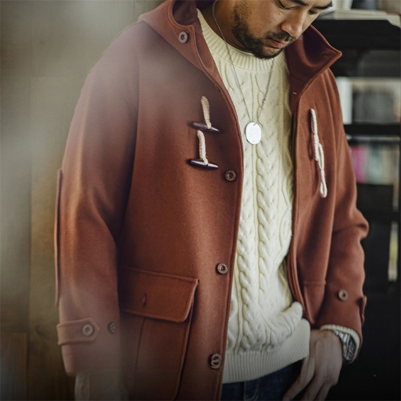 Maden retro horn button hooded woolen coat, college style loose long jacket