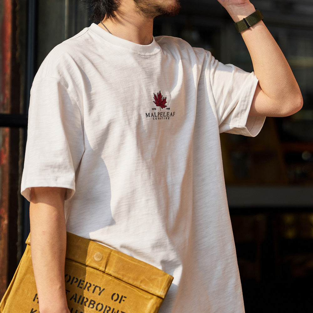 American casual maple leaf print men's 230g pure cotton retro sports T-shirt