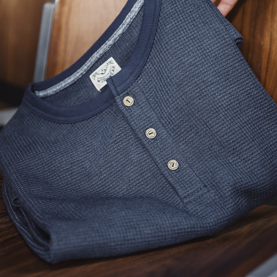 MADEN Retro Waffle Knitted Henley Shirt Slim Fit Amekaji Solid Color Long Sleeve T-shirt