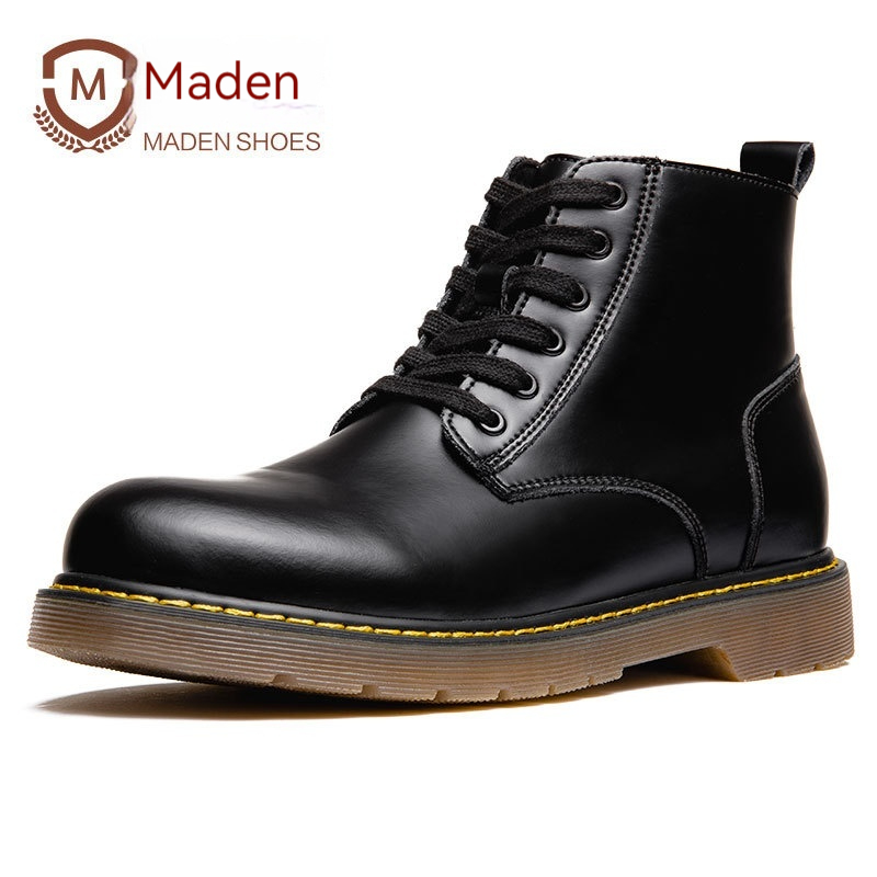 Maden Mid top black men's shoes, genuine leather retro short boots, British style work clothes, couple boots