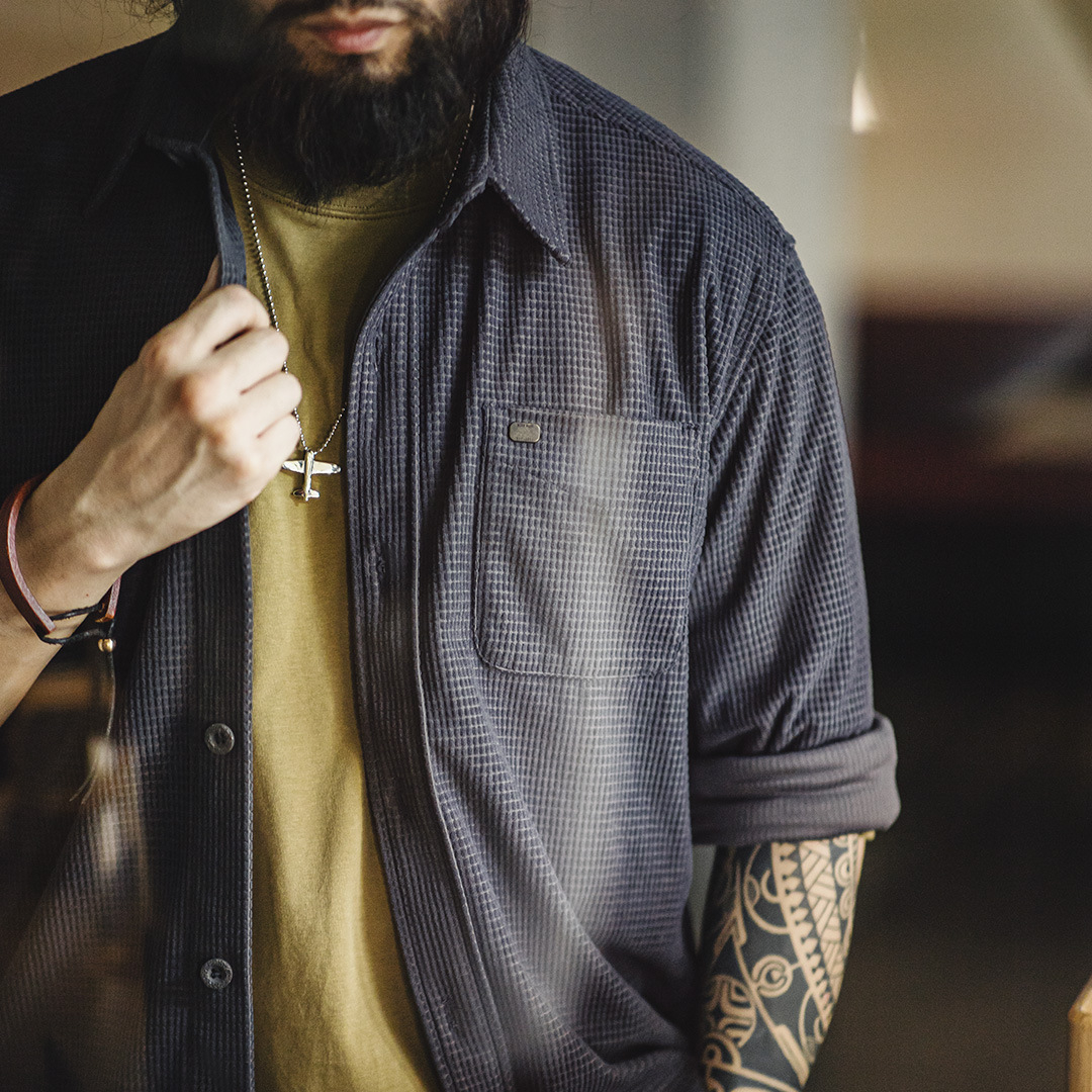 MADEN Retro Corn Plaid Shirt Polo Collar Solid Color Casual Loose Long Sleeve Shirt