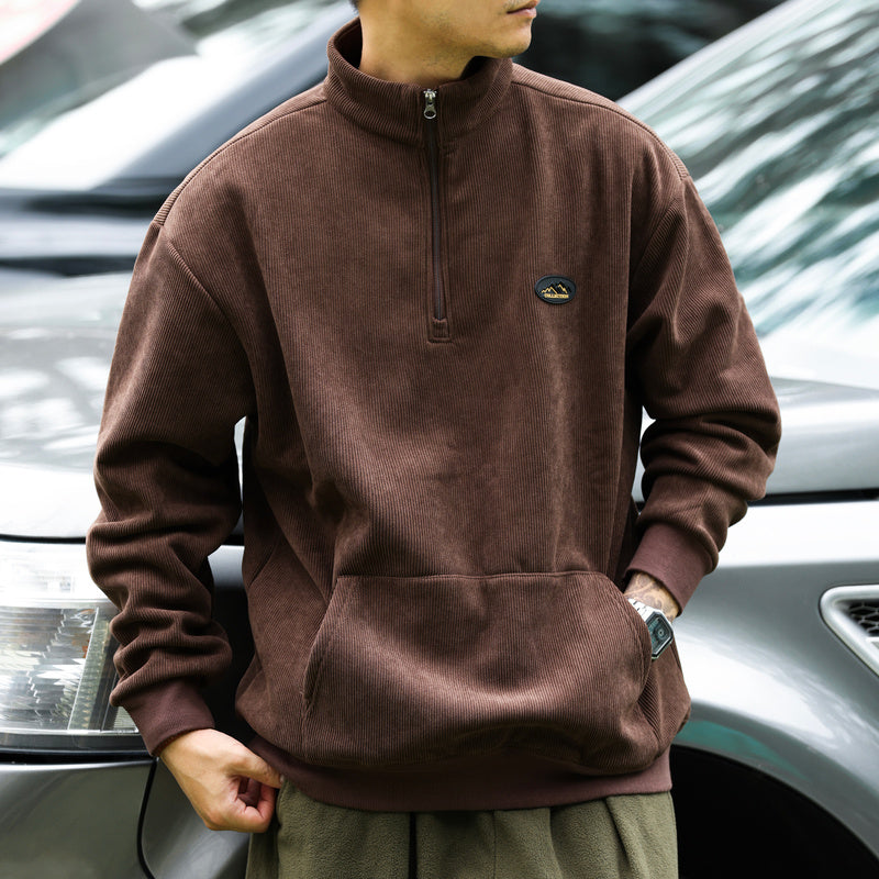 Vintage half-zip stand-up collar corduroy sweatshirt padded warm cleanfit tops jacket