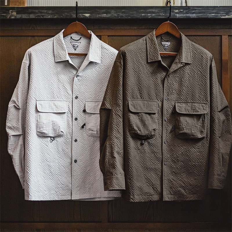 Maden Mountain style outdoor Cuban collar foam gauze, wrinkle resistant pocket, thin long sleeved shirt