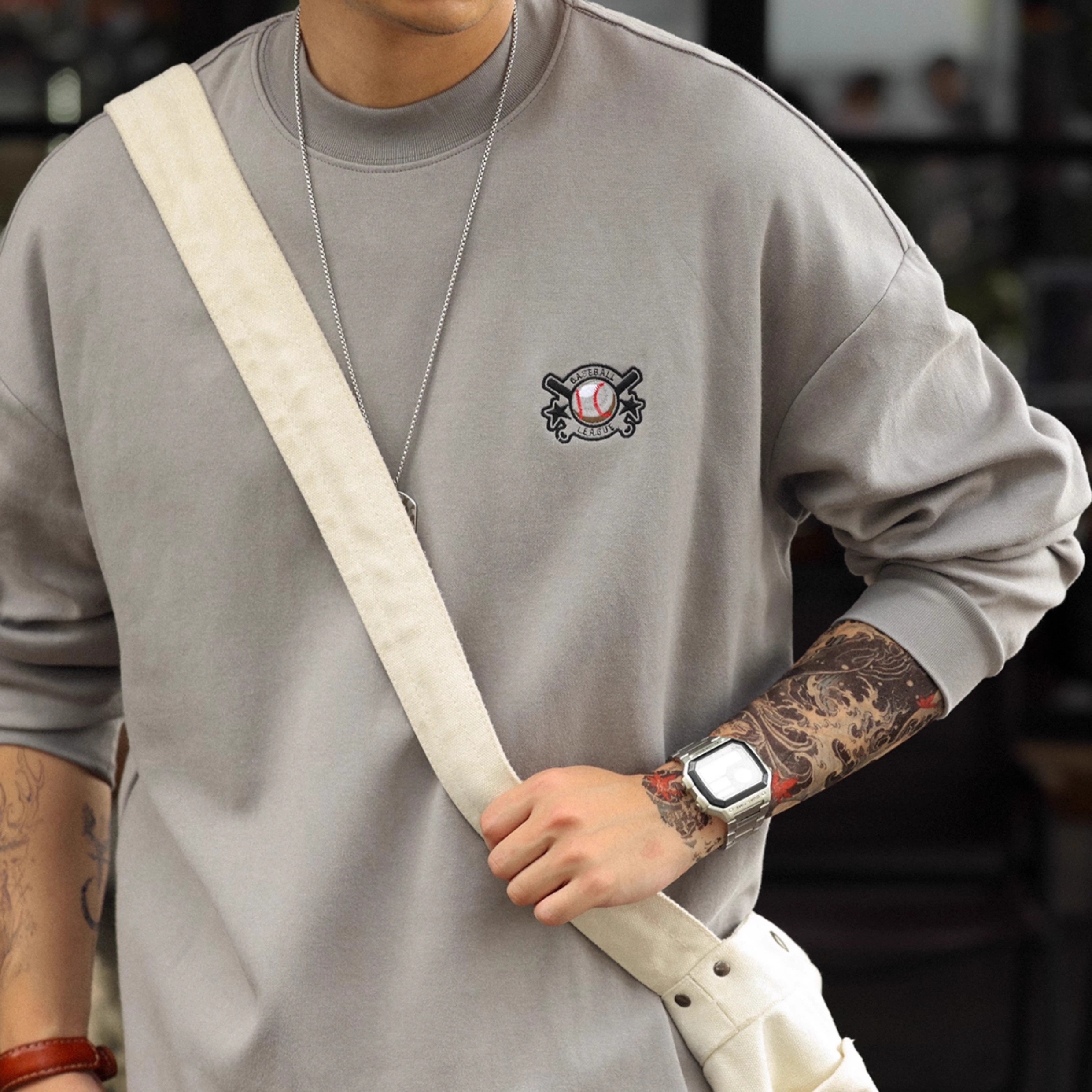 300g Retro Baseball Embroidered Men's Casual Long Sleeved T-Shirt