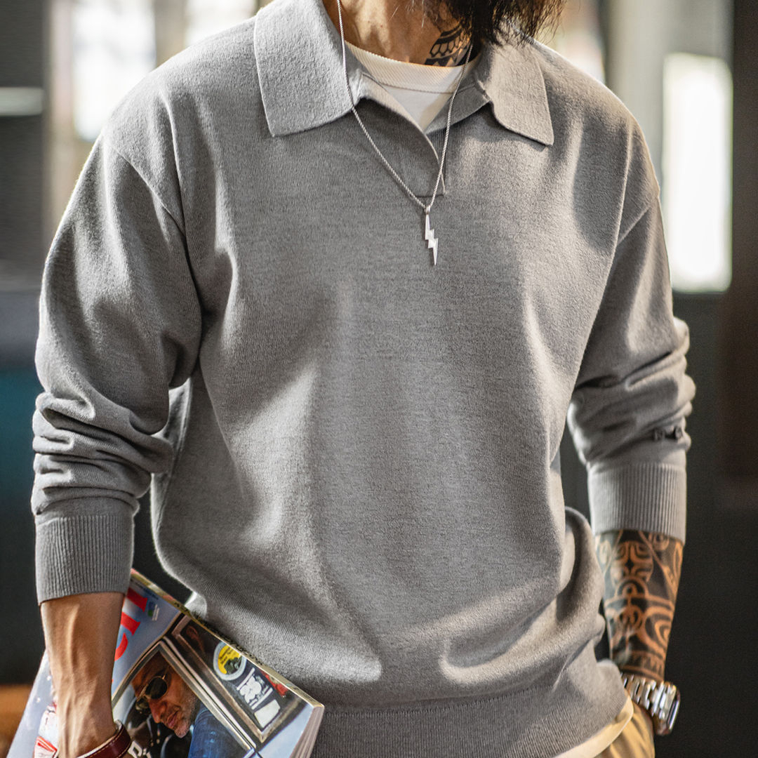 American Casual Seagull Polo Collar Old Money Style Men'S Gray Knitted Polo Shirt