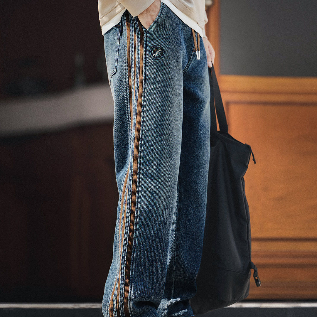 American Retro Three Bar Corduroy Patchwork Casual Loose Jeans