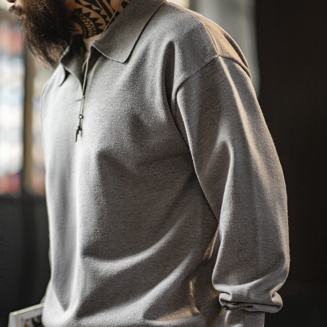 American Casual Seagull Polo Collar Old Money Style Men'S Gray Knitted Polo Shirt