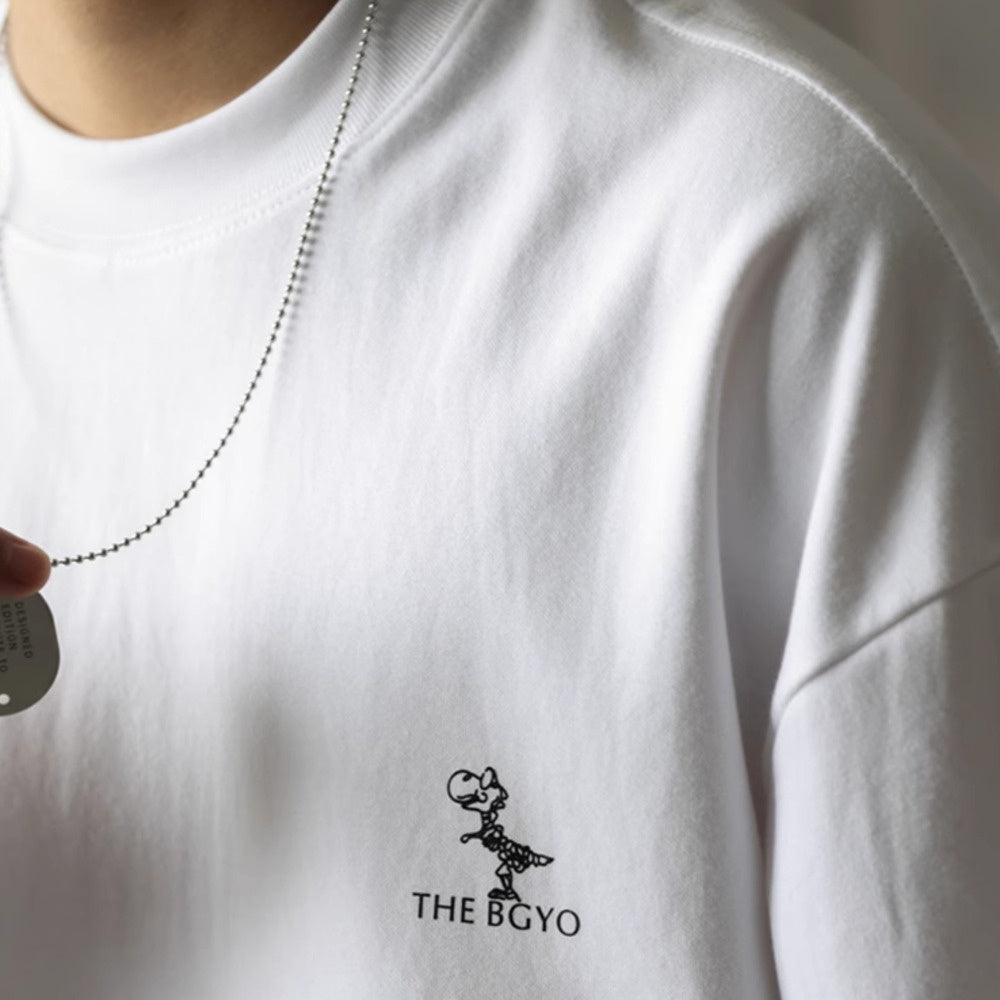 BGYO Fun Dinosaur Long Sleeve T-shirt for Men, Loose 300g, Small Collar, American Casual White Base Shirt