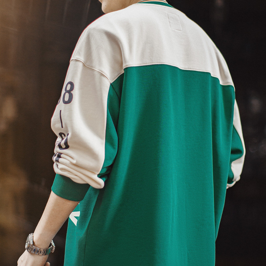 American Retro Jersey Style Contrasting Color Digital Round Neck Long Sleeved T-Shirt