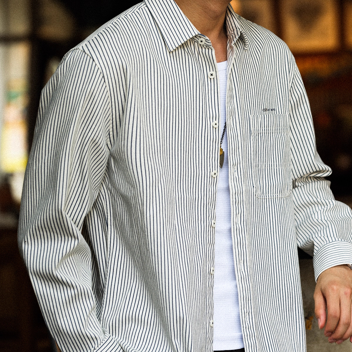 American Style Minimalist Contrasting Striped Men's Embroidered Pocket Shirt