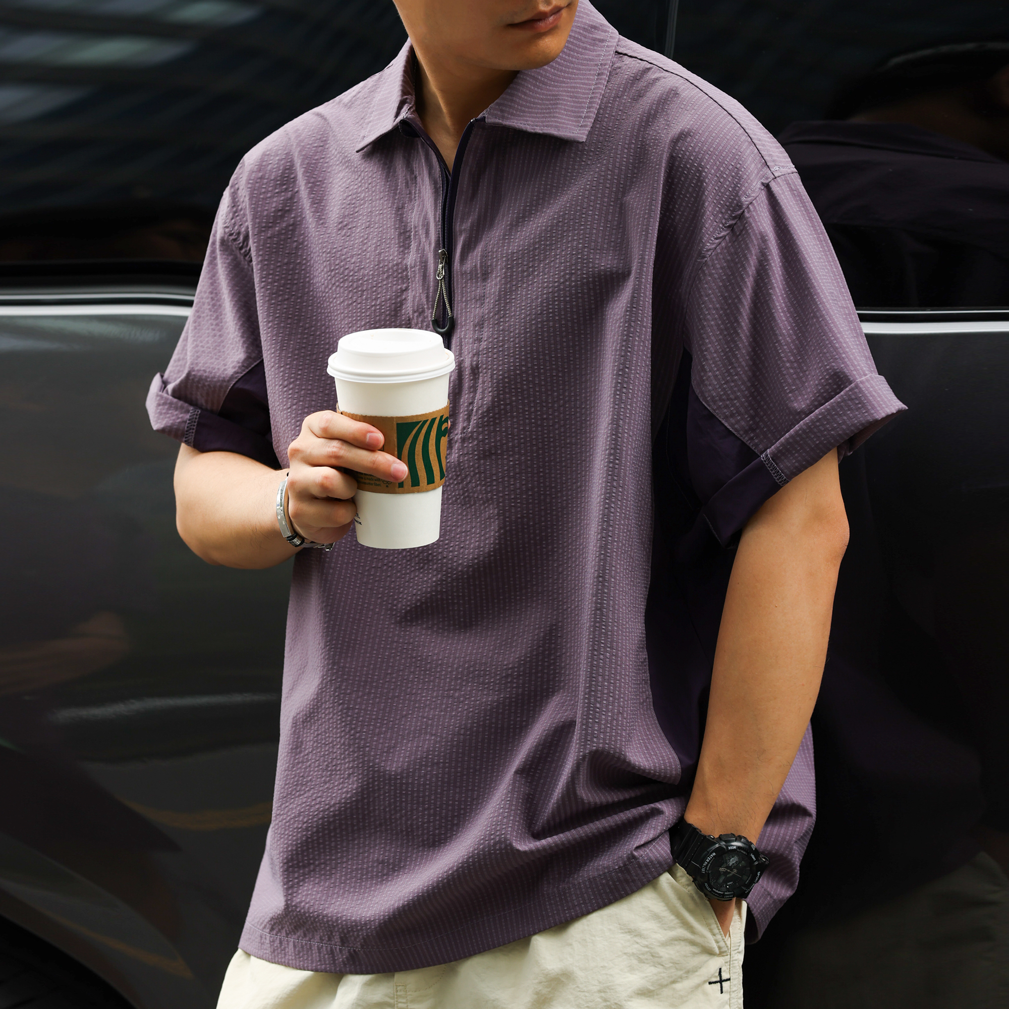 American casual sports quick drying half zipper men's 120g breathable plaid polo shirt