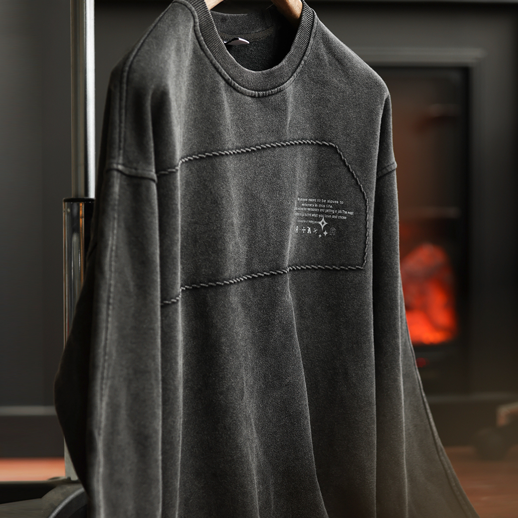 American Retro 320g Washed Vintage Men'S 3D Embroidered Round Neck T-Shirt