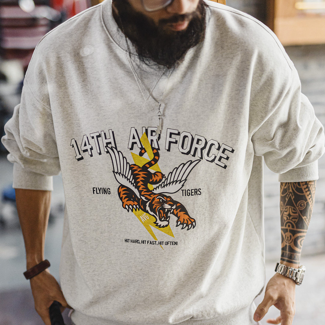 American Printed Gray Round Neck Loose Shoulder Long Sleeved T-Shirt