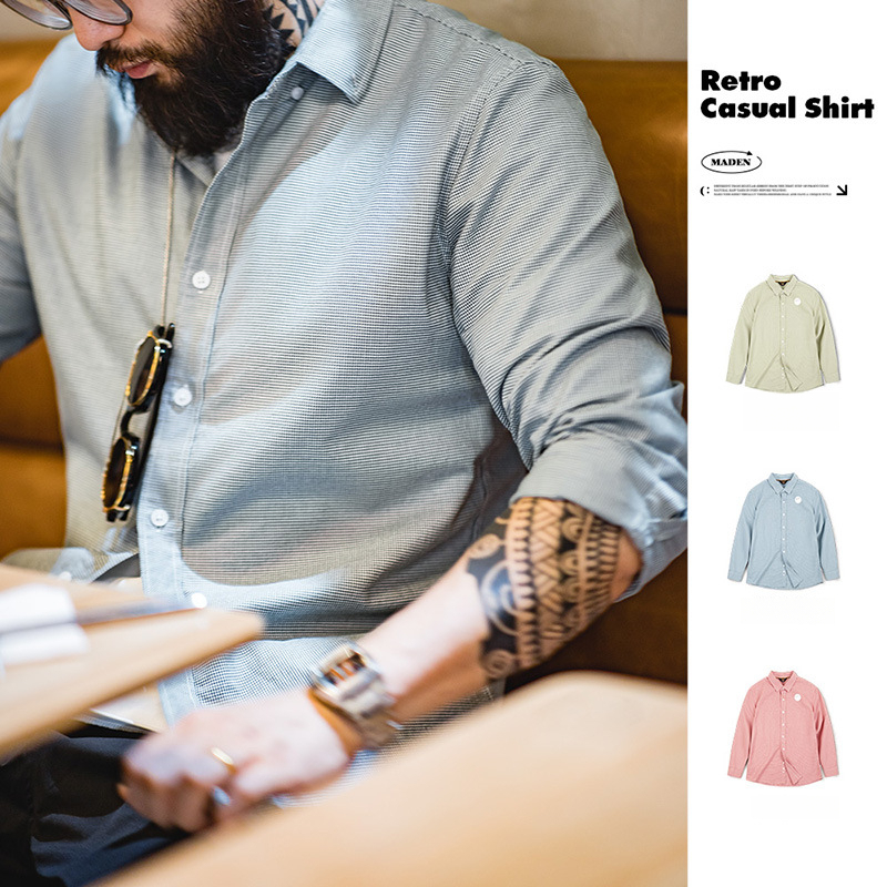 MADEN Casual Houndstooth Button Cotton Commuter Business Plaid Long Sleeve Shirt