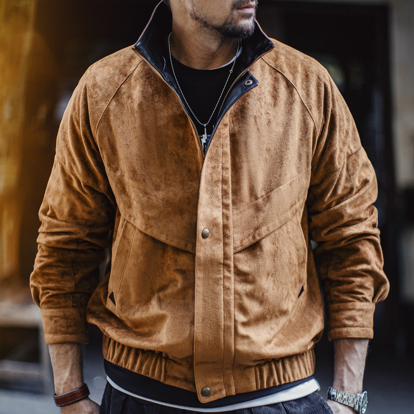 American Retro Suede Stand Up Collar Short Maillard Suede Jacket