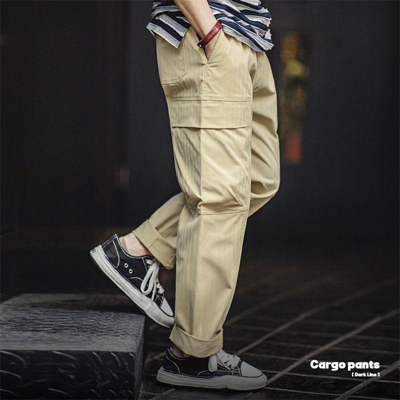 Maden retro multi pocket herringbone casual pants vibe army green straight leg pants