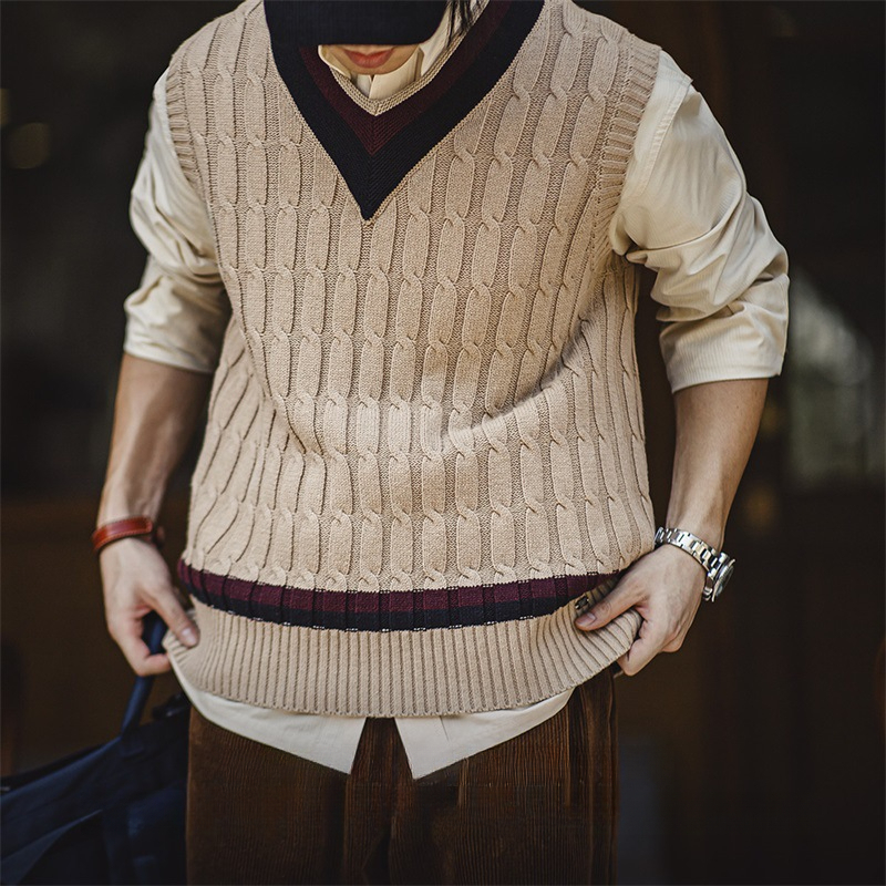 Maden Retro IVY Knitted V-neck Sweater Vest, College Style Contrast Color Twisted Flower Sleeveless Vest