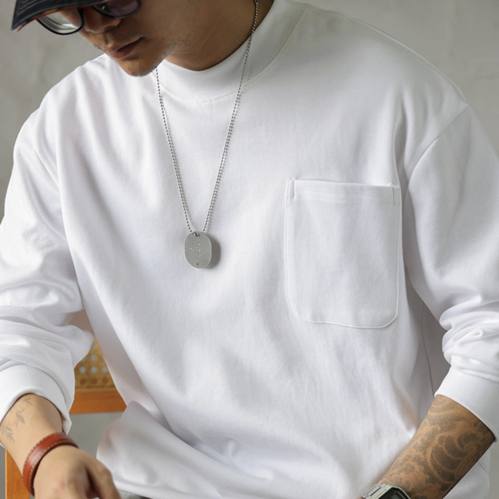 BGYO Thick 300g Casual Long Sleeve T-shirt for Men, Loose Small Collar, Casual Pocket Bottom, TEE