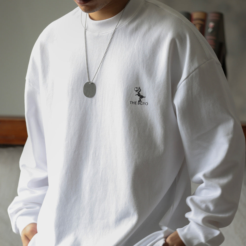 BGYO Fun Dinosaur Long Sleeve T-shirt for Men, Loose 300g, Small Collar, American Casual White Base Shirt