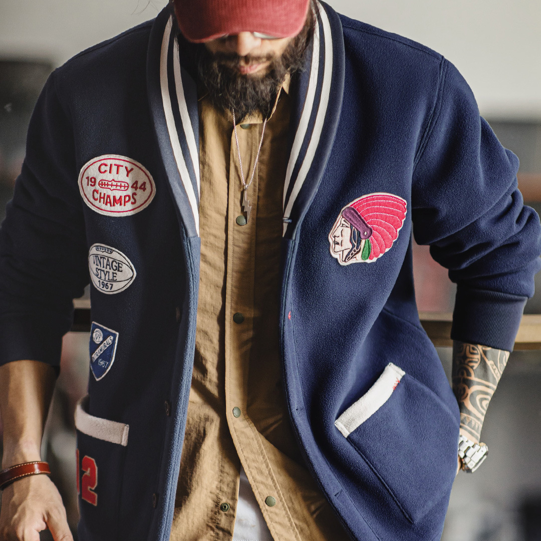 American Retro Green Fruit Neck Fleece Warm Short Baseball Jacket