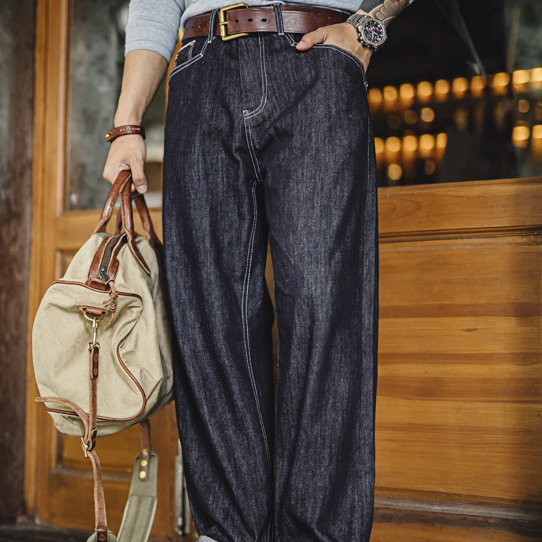 American Retro Original Cowhide Washed Straight Denim Casual Jeans