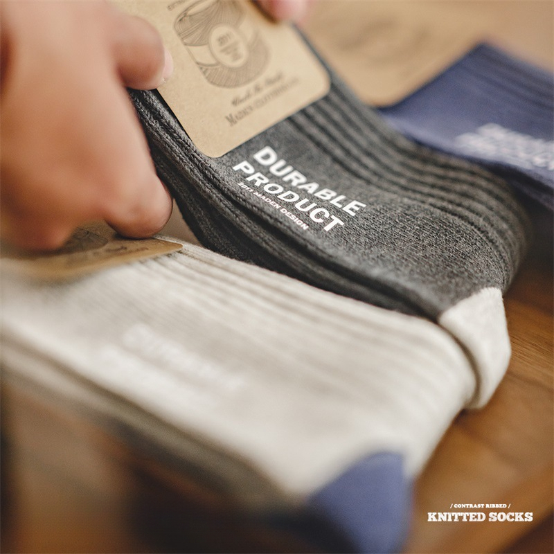 Maden casual contrasting floral yarn knitted mid length socks with three color pit stripe thick thread long socks