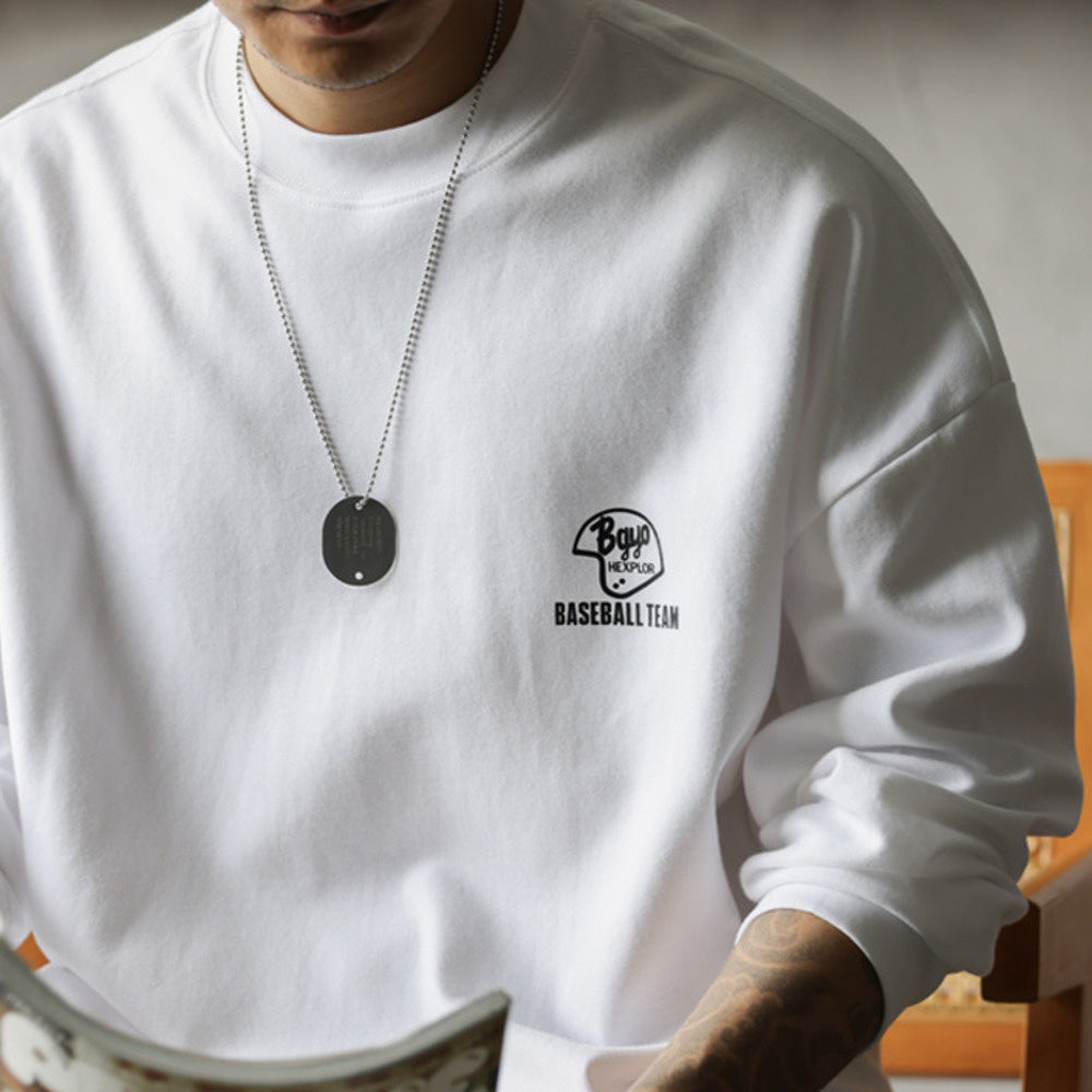 Casual Printed 300g Heavyweight Long Sleeve T-Shirt Milled Wide Small Neckline White Bottom Shirt