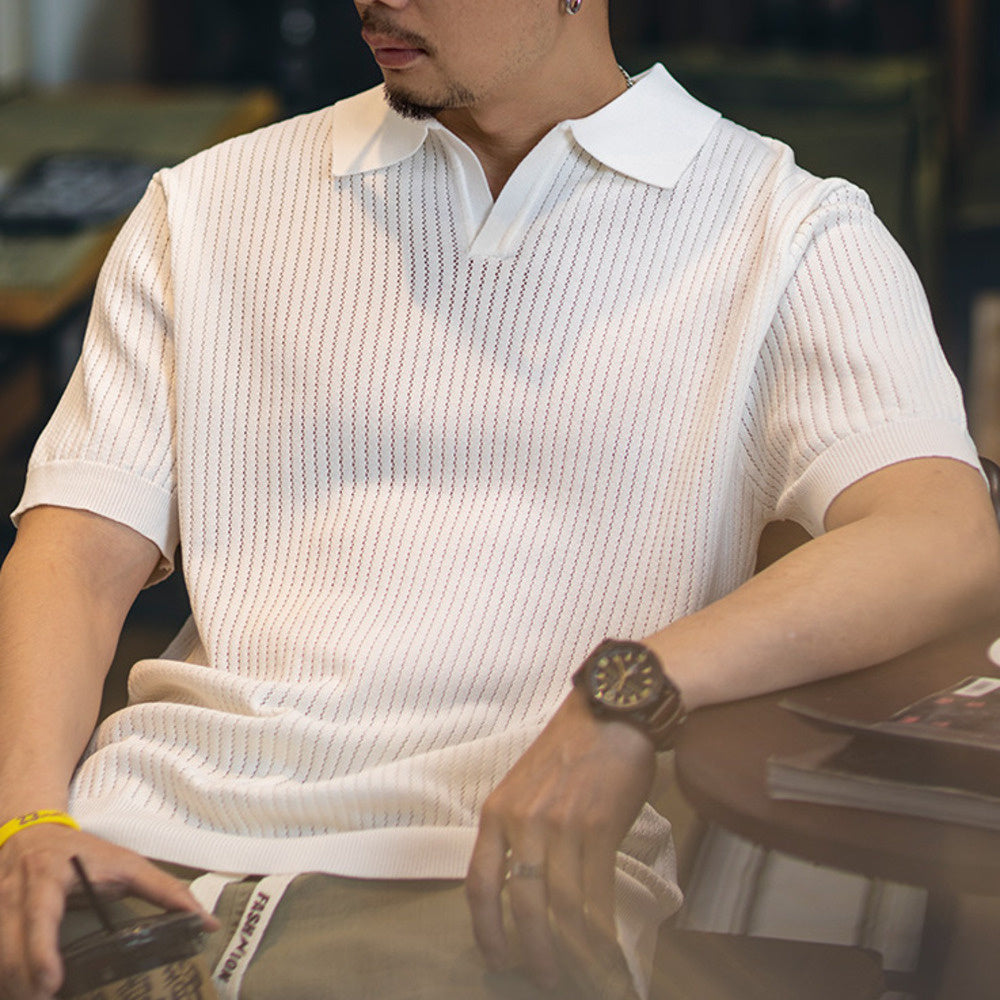 American V-neck Men's New Loose Knitted Shirt Summer Solid Color Collar Top
