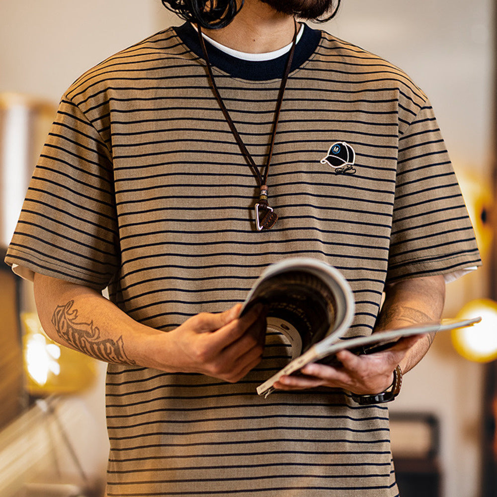 American retro slim striped men's embroidered short sleeved t-shirt