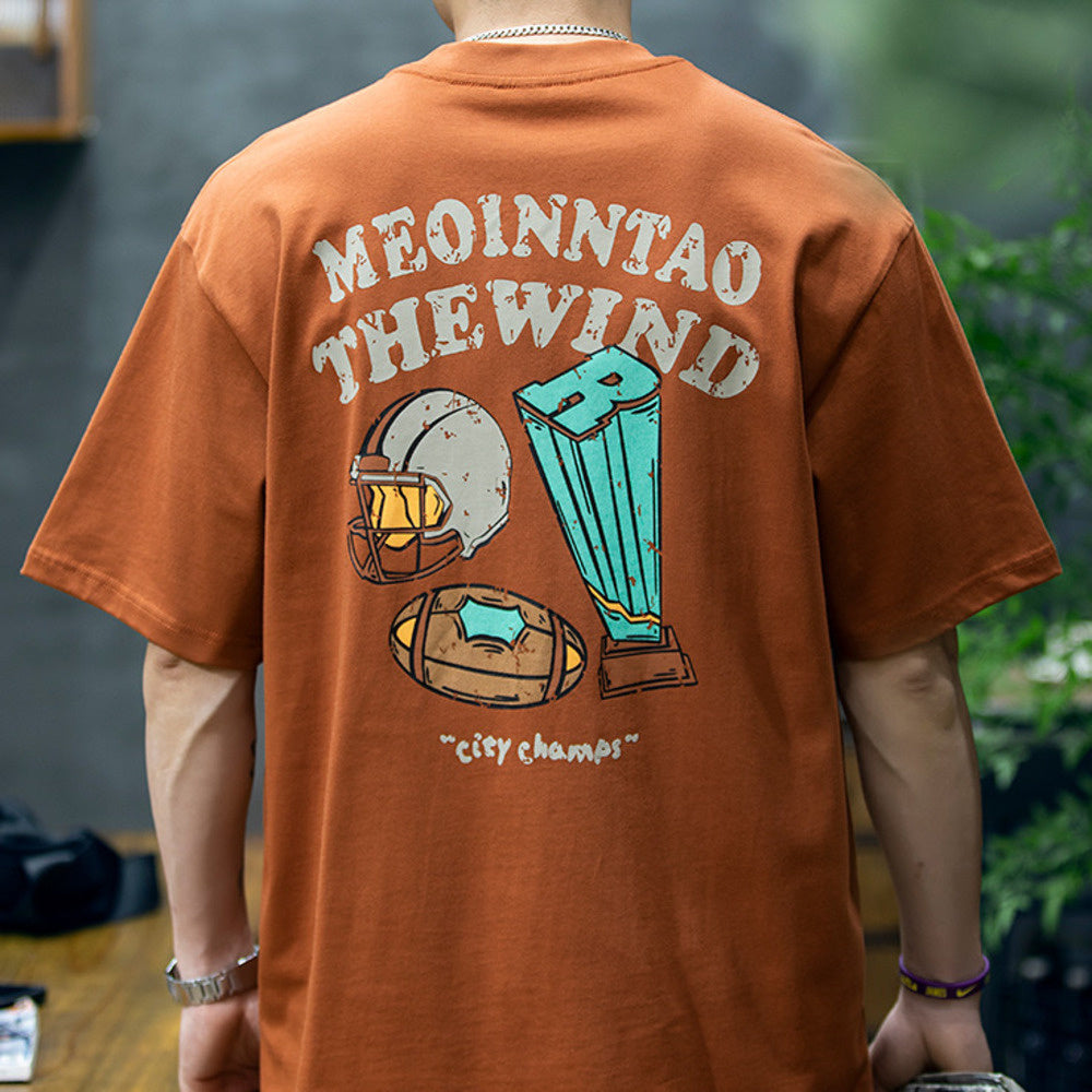 American retro 230g summer pure cotton casual printed loose round neck T-shirt
