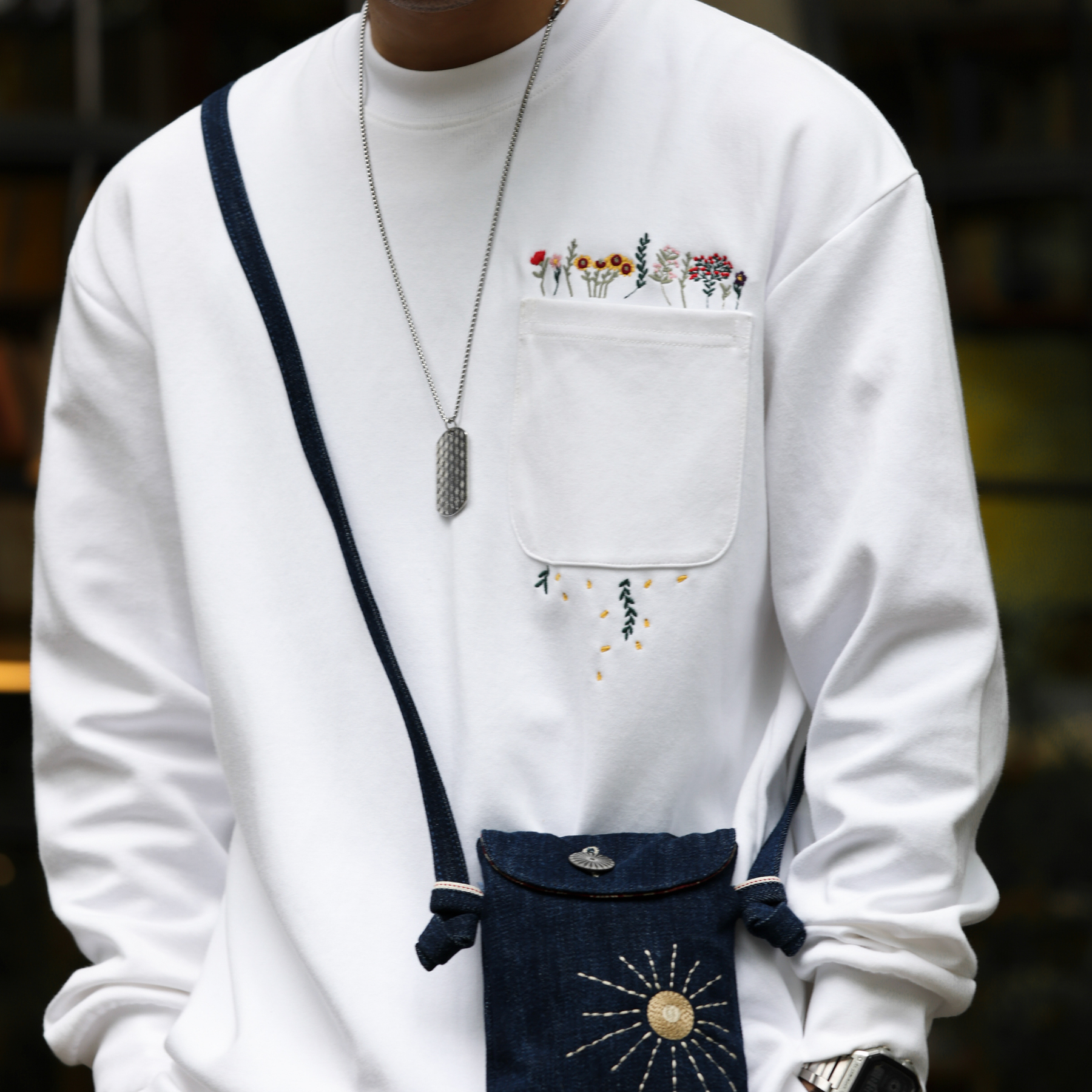 American Casual  Embroidery Men'S Loose Pocket Design 300g Long Sleeved T-Shirt