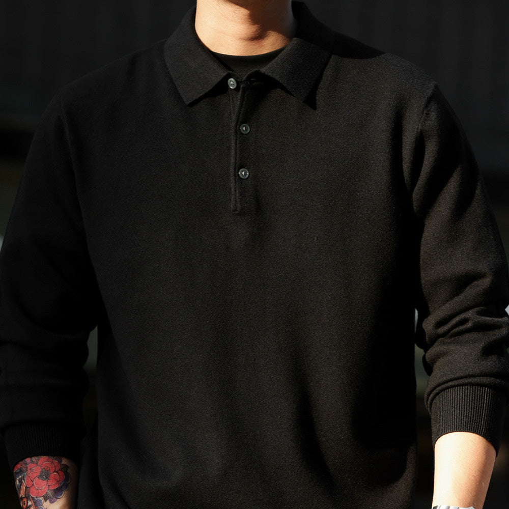 Casual long sleeved polo collar cotton wool sweater solid color lapel self heating warm knit top