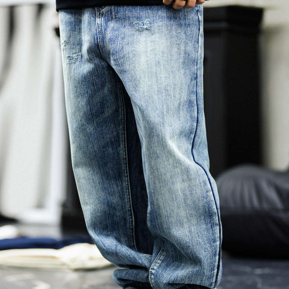 Damaged washed blue jeans men's loose slightly tapered casual drop pants