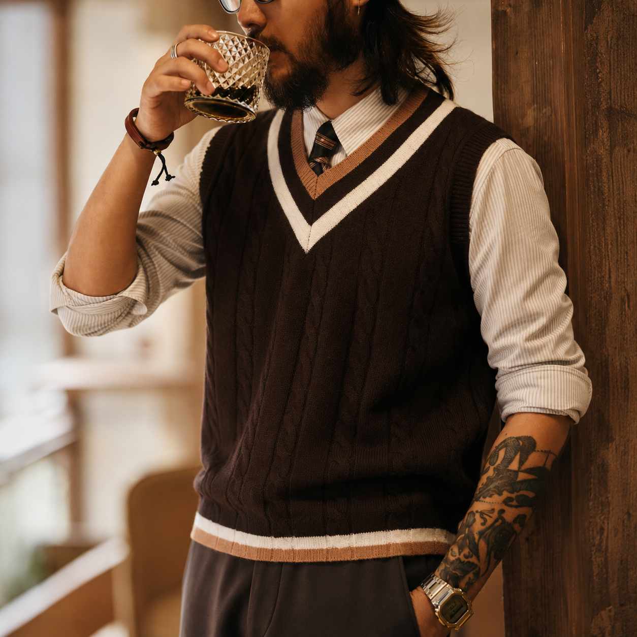  Retro IVY Knitted V-neck Sweater Vest, College Style Contrast Color Twisted Flower Sleeveless Vest