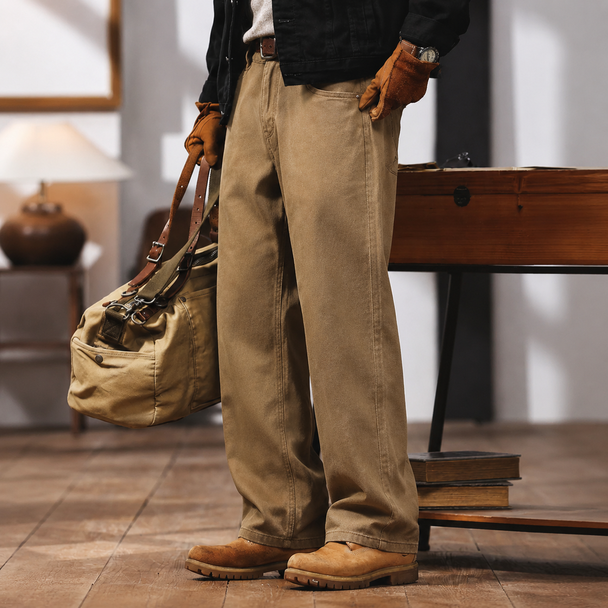 American Retro Khaki Brown Men's Straight Tube Yellowstone  Casual Jeans