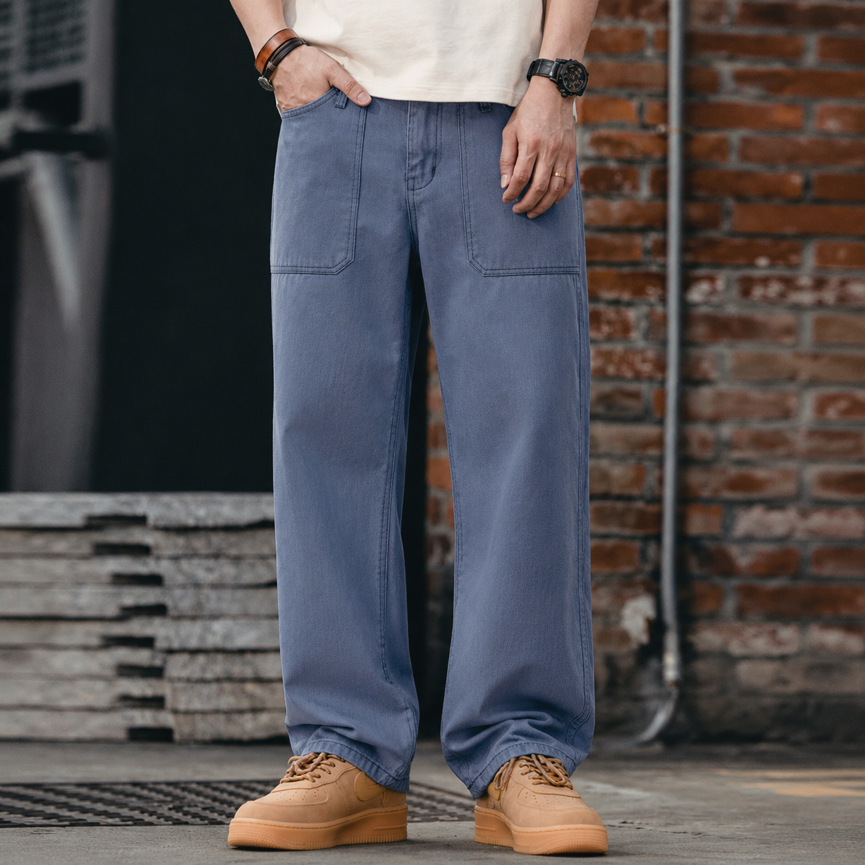 French Retro Blue Washed Canvas Loose Straight Leg Casual Pants