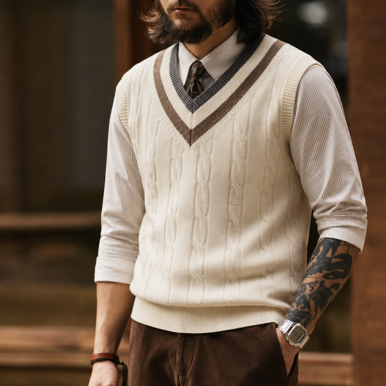  Retro IVY Knitted V-neck Sweater Vest, College Style Contrast Color Twisted Flower Sleeveless Vest