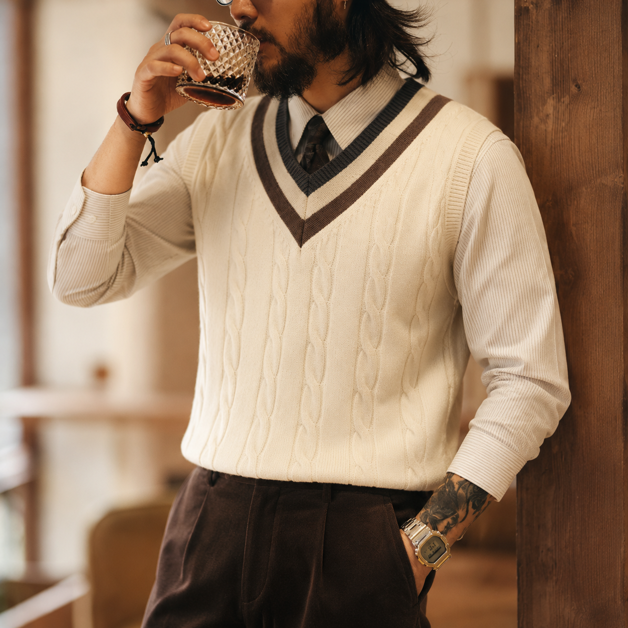 Retro IVY Knitted V-neck Sweater Vest, College Style Contrast Color Twisted Flower Sleeveless Vest