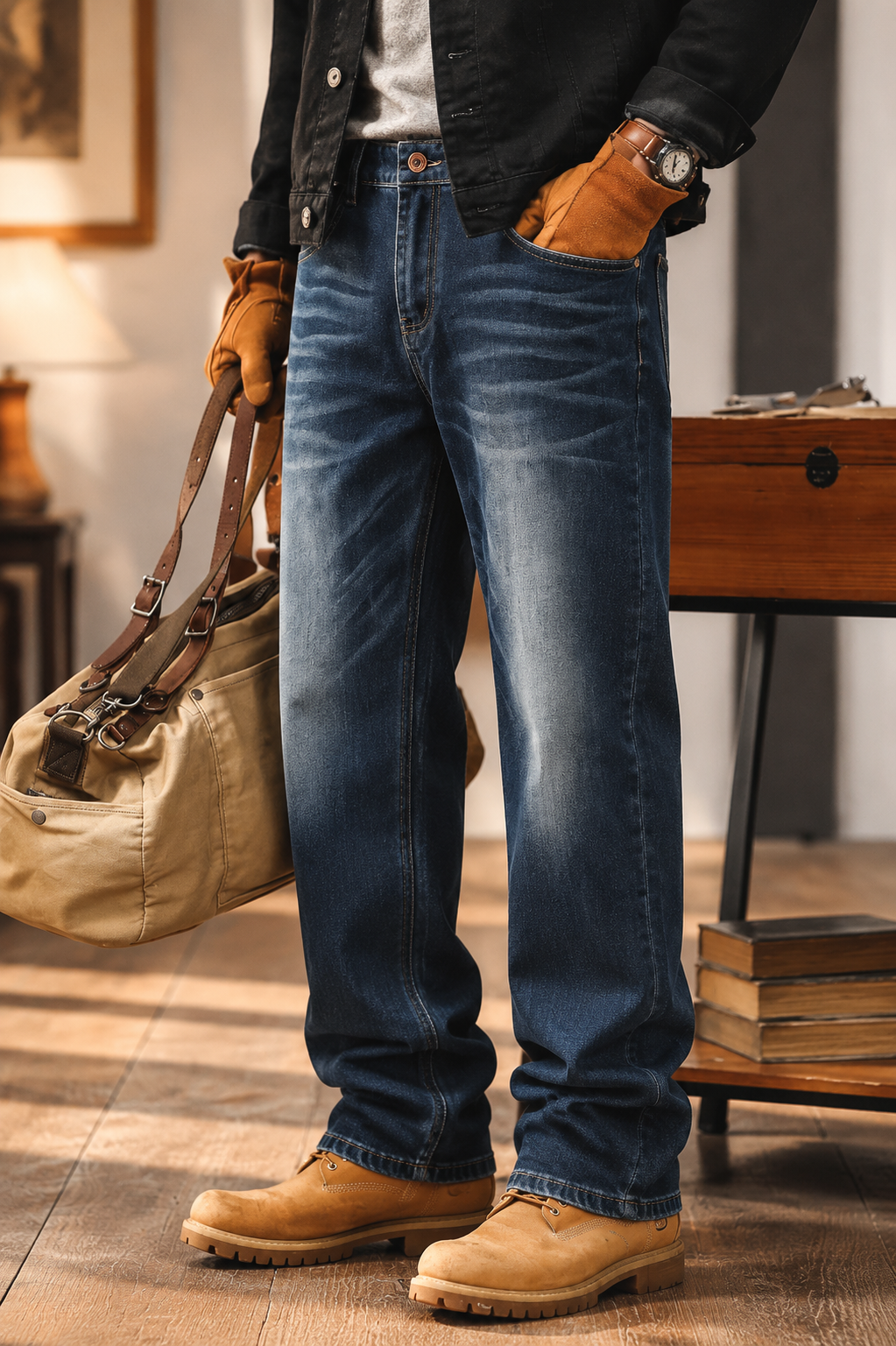  Denim Wash Cat Beard Loose Straight Leg Jeans